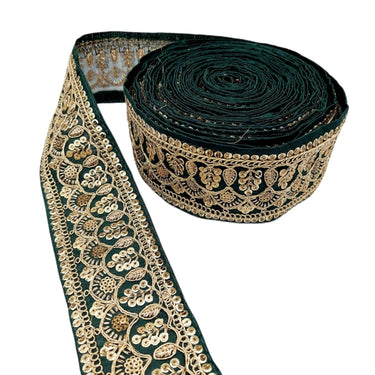Dark Green Gold Embroidered Lace Trim Sequins Trim 9 Yard Decorative Sari Border Costume Ribbon Crafting Sewing Tape